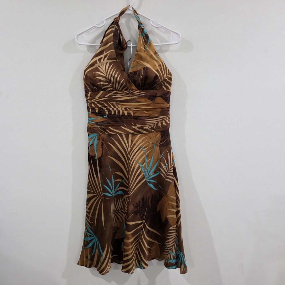 Vintage Y2K Jones New York Silk Midi Halter Dress‎ 8 Brown Floral Babydoll